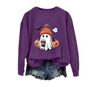Felpa retrò per Halloween da donna pullover con grafica fantasma allentata girocollo a maniche lunghe top classica con cappuccio con polsino a costine confortevole autunno e inverno, Viola, L
