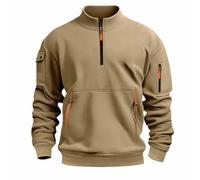 Felpa sportiva da uomo con zip a un quarto di lunghezza, da lavoro, con polsino, con cappuccio, per palestra, sci, a maniche lunghe, casual, alla moda, per tutti i giorni, cachi, XXL