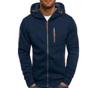 Felpa sportiva da uomo moderna con cappuccio, in cotone, elasticizzata, con cerniera intera, con tasca sul petto, per allenamento, tempo libero, mezza stagione, felpa con cappuccio basic, Marina