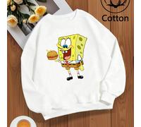 Felpa unisex nera girocollo con stampa di SpongeBob che tiene in mano un hamburger, sorridente e super carino. Vestibilità ampia adatta a tutte le corporature, tessuto morbido e delicato sulla pelle,
