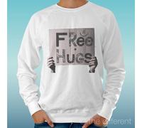 FELPA UOMO LEGGERA SWEATER BIANCO " FREE HUGS CARTELLO " ROAD TO HAPPINESS
