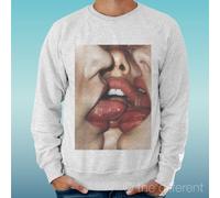 FELPA UOMO LEGGERA SWEATER GRIGIO CHIARO GREY " FRENCH KISS LIPS TONGUES HOT "