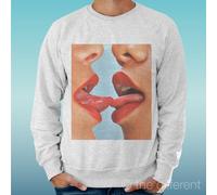 FELPA UOMO LEGGERA SWEATER GRIGIO CHIARO GREY " GIRLS FRENCH KISS BACIO HOT "