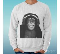 FELPA UOMO LEGGERA SWEATER GRIGIO CHIARO GREY " MONKEY SCIMMIA MUSIC FUNNY "