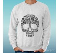FELPA UOMO LEGGERA SWEATER GRIGIO CHIARO GREY " SKULL TESCHIO FLOWERS DRAW "