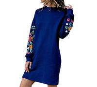 Felpa vestito da donna ispessito, abito primaverile ricamato a maniche lunghe, casual, per l'inverno, con ricamo floreale, tinta unita, con ricamo invernale, sottile abito dritto, Blu, L
