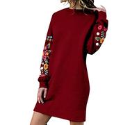 Felpa vestito da donna ispessito, abito primaverile ricamato a maniche lunghe, casual, per l'inverno, con ricamo floreale, tinta unita, con ricamo invernale, sottile abito dritto, Colore: rosso, L