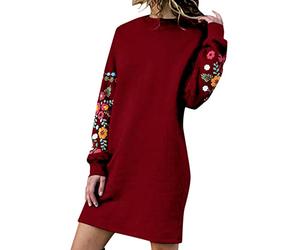 Felpa vestito da donna ispessito, abito primaverile ricamato a maniche lunghe, casual, per l'inverno, con ricamo floreale, tinta unita, con ricamo invernale, sottile abito dritto, Colore: rosso, L