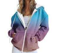 Felpe casual sfumate con zip intera da donna, eleganti felpe da donna con tasca a maniche lunghe con cerniera e cappuccio camicette taglie forti top per il tempo libero, blu cielo, S