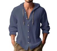 Felpe con cappuccio a maniche lunghe in cotone e canapa da uomo - Felpe con cappuccio a quadri alla moda, camicia casual abbottonata a maniche lunghe, vestibilità ampia con cordoncino, adatte per la