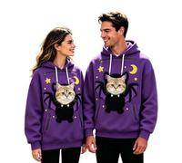 Felpe con cappuccio con stampa di gatto viola abbinate per uomini e donne | Una coppia coordinata con ritratti giocosi di gatti, motivi a stelle e coulisse a contrasto su felpe viola con cappuccio