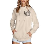 Felpe con cappuccio da donna con scritta "Jesus Faith Over Fear", alla moda, casual, con cappuccio, con scritta in lingua inglese "Trust In The Lord Religious", con design alla moda, Y2K, Beige, S