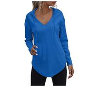 Felpe con cappuccio da donna, scollo a V, a maniche lunghe, con coulisse, tasca con cappuccio, tinta unita, taglia grande, chic ed elegante, stile casual, slim fit, autunno e inverno, tunica
