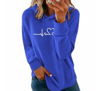 Felpe con cappuccio da donna UK Felpe in pile casual con stampa a cuore a maniche lunghe pullover con tasca tunica vestibilità ampia carino comfort top da donna per il weekend relax, 1 blu., S