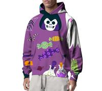 Felpe con cappuccio da uomo con stampa 3D di Halloween con tasca, casual alla moda, a maniche lunghe, con cappuccio, per vacanze autunnali e invernali, comodo pullover divertente, Viola-caramella, L
