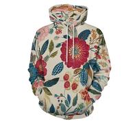Felpe con Cappuccio da Uomo con Stampa 3D Rustico Floreale, Moda Pullover a Maniche Lunghe con Grafica Tradizionale Petali Fogliame, Felpa Unisex Casual con Tasca per Autunno Inverno