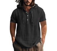 Felpe con cappuccio da uomo UK Summer Casual Manica corta Button Down Regular Fit Camicie in cotone e lino con coulisse Camicia con cappuccio leggera traspirante comoda per tutti i giorni con scollo a