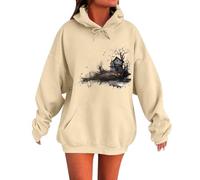 Felpe con cappuccio di Halloween da donna UK oversize da donna con cappuccio a maniche lunghe pullover top per tutti i santi pullover stampati spaventosi felpe casual, cachi, L