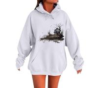 Felpe con cappuccio di Halloween da donna UK oversize da donna con cappuccio a maniche lunghe pullover top per tutti i santi pullover stampati spaventosi felpe casual, bianco, L