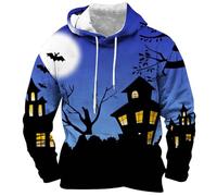 Felpe con cappuccio di Halloween per gli uomini con stampa 3D faccia di zucca felpa con tasca spettrale camicie con cappuccio a maniche lunghe pullover top, Blu scuro, L