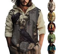 Felpe con cappuccio di Halloween per gli uomini di cotone lino felpa a maniche lunghe con cappuccio quarto button down camicie casual pullover top, Blu, 5XL