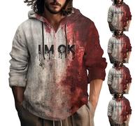 Felpe con cappuccio di Halloween per gli uomini Felpa insanguinata Cotone Lino 1/4 Button Down Camicia Manica Lunga Stampa Lettera Pullover Top, Rosso 3, XXL