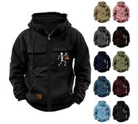Felpe con cappuccio di Halloween per gli uomini Jack O' Lantern Camicie cargo con cappuccio teschio zucca felpa con tasche con zip Top a maniche lunghe, cachi, XXL