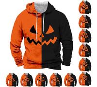 Felpe con cappuccio di Halloween per gli uomini zucca faccia stampa felpa Jack O' lanterna camicia con cappuccio tasca manica lunga pullover top, Arancione Nero 8, L