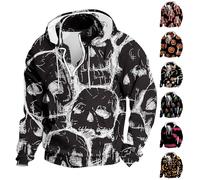 Felpe con cappuccio di Halloween per gli uomini zucca pipistrello teschio felpa 1/4 cerniera manica lunga pullover top camicie con cappuccio con tasca, Nero 2, L