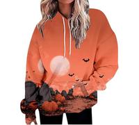 Felpe con cappuccio di Halloween per le donne Moon Pumpkin Bat coulisse tasca con cappuccio autunno Top Felpe con cappuccio Vacanza Adulto 2025 Felpa Abiti Costumi da donna, Arancione, L