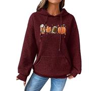 Felpe con cappuccio di Halloween per le donne waffle caffè zucca rugby foglia d'acero tasche con coulisse felpe con cappuccio felpa costumi 2025 abiti da donna per adulti, vino, M