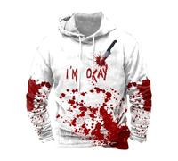 Felpe con cappuccio per Halloween da uomo Bloody Camicia con cappuccio I'm Okay Blood Print Felpa con tasca a maniche lunghe Pullover Top, bianco, L