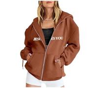 Felpe cristiane da donna eleganti con stampa a lettere con zip frontale a maniche lunghe con coulisse con cappuccio sportivo casual pullover con tasca per il comfort quotidiano, Caff, XL