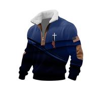 Felpe cristiane da uomo in pile maglioni da uomo con bandiera americana croci grafica 1/4 cerniera pullover colletto stand top casual peluche caldo inverno maglioni maglione Cristo, Blu, 3XL