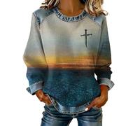 Felpe cristiane per le donne Vintage Denim Patchwork Felpa Faith Over Fear Lettera Stampa Camicie grafiche Cuciture primaverili Camicia di jeans Religiosa Bibbia Versi Gesù Pullover Top, Giallo, XXL