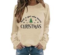 Felpe da donna con grafica natalizia Just A Girl Who Loves Christmas Letter Print Felpa Casual Pullover Top, cachi, S
