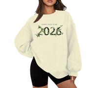 Felpe da donna con scritta "Happy New Year" - 2026 Green Leaf, girocollo pullover da donna autunno felpa | per data, Color crema, XXL