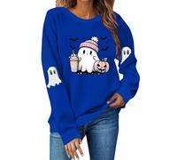 Felpe da donna Girocollo Maniche Lunghe Pullover Top Oversize Tinta Unita Bella Little Ghost Stampato Casual Carino Trendy Felpa Plus Size Halloween Felpa, Blu, XL