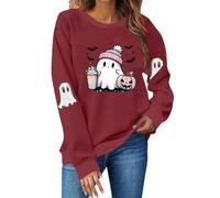 Felpe da donna Girocollo Maniche Lunghe Pullover Top Oversize Tinta Unita Bella Little Ghost Stampato Casual Carino Trendy Felpa Plus Size Halloween Felpa, vino, L