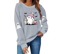 Felpe da donna Girocollo Maniche Lunghe Pullover Top Oversize Tinta Unita Bella Little Ghost Stampato Casual Carino Trendy Felpa Plus Size Halloween Felpa, Grigio, XL