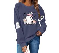 Felpe da donna Girocollo Maniche Lunghe Pullover Top Oversize Tinta Unita Bella Little Ghost Stampato Casual Carino Trendy Felpa Plus Size Halloween Felpa, Blu scuro, XL