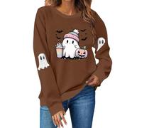 Felpe da donna Girocollo Maniche Lunghe Pullover Top Oversize Tinta Unita Bella Little Ghost Stampato Casual Carino Trendy Felpa Plus Size Halloween Felpa, Caff, XL