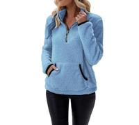 Felpe da donna in pile con orsacchiotto, maglione casual a maniche lunghe, pullover sfocato, collo alto, cerniera a 1/4, felpa con tasche, Blu, S