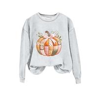Felpe da donna retrò Halloween grafica zucca maniche lunghe felpe girocollo casual pullover con polsino a costine slim fit top alla moda ideale per il fine settimana, Cenere Chiaro, S