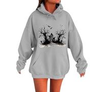 Felpe da donna UK Halloween Felpa con cappuccio da donna per tutti i santi con grafica spaventosa felpa casual a maniche lunghe pullover con pacchetti, Grigio, S
