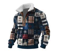 Felpe da uomo con cerniera a 1/4 stampata, comode e festive, maglioni invernali oversize in pile caldo colletto alla coreana con toppa, Blu, L