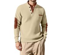 Felpe da uomo in maglia a contrasto con bordo collo, toppa al gomito alla moda tasca sul petto calda classica senza cappuccio felpe per allenamento all'aperto pullover casual manica lunga, Beige, M