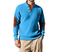 Felpe da uomo in maglia a contrasto con bordo collo, toppa al gomito alla moda tasca sul petto calda classica senza cappuccio felpe per allenamento all'aperto pullover casual manica lunga, Blu, XL