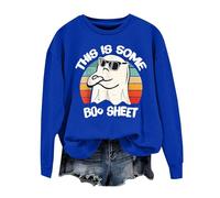 Felpe di Halloween da donna con stampa fantasma felpe con cappuccio allentate girocollo a maniche lunghe top con polsino a costine pullover alla moda ideale per il fine settimana comodo, Blu, S