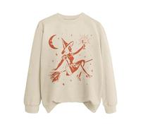 Felpe di Halloween da donna pullover con stampa strega larga manica lunga felpe con cappuccio grafica Halloween sport tempo libero all'aperto girocollo top autunno e inverno, Beige, L
